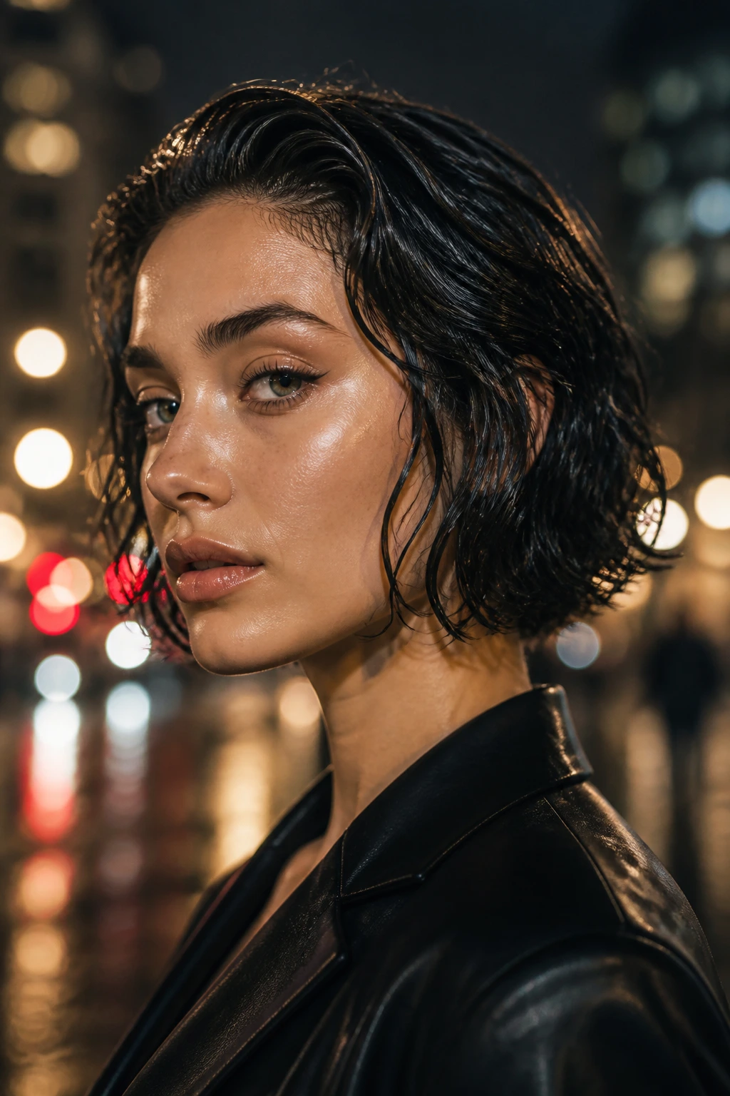 Portrait of a real woman with wet-look wavy bob under city lights.