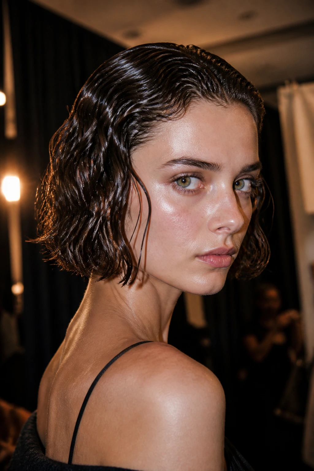 Profile portrait of a real woman with a glossy, wet-look wavy bob.