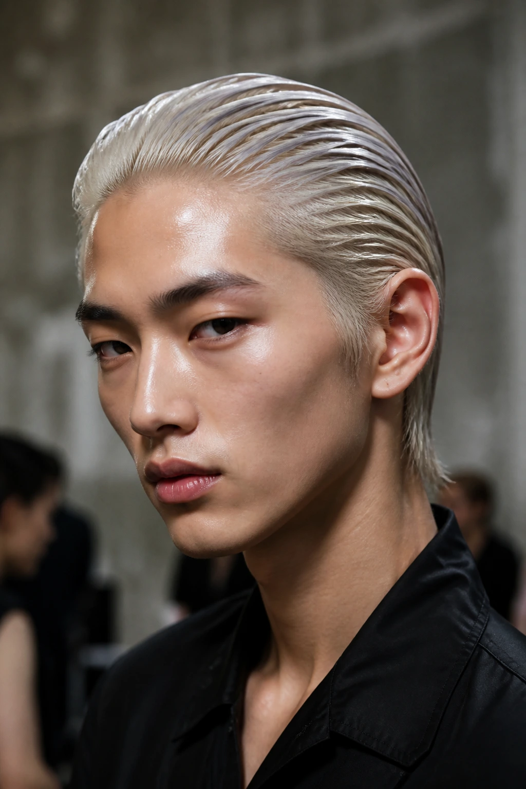 Close-up of a real person with white cloud hair in a wet-look slick back.