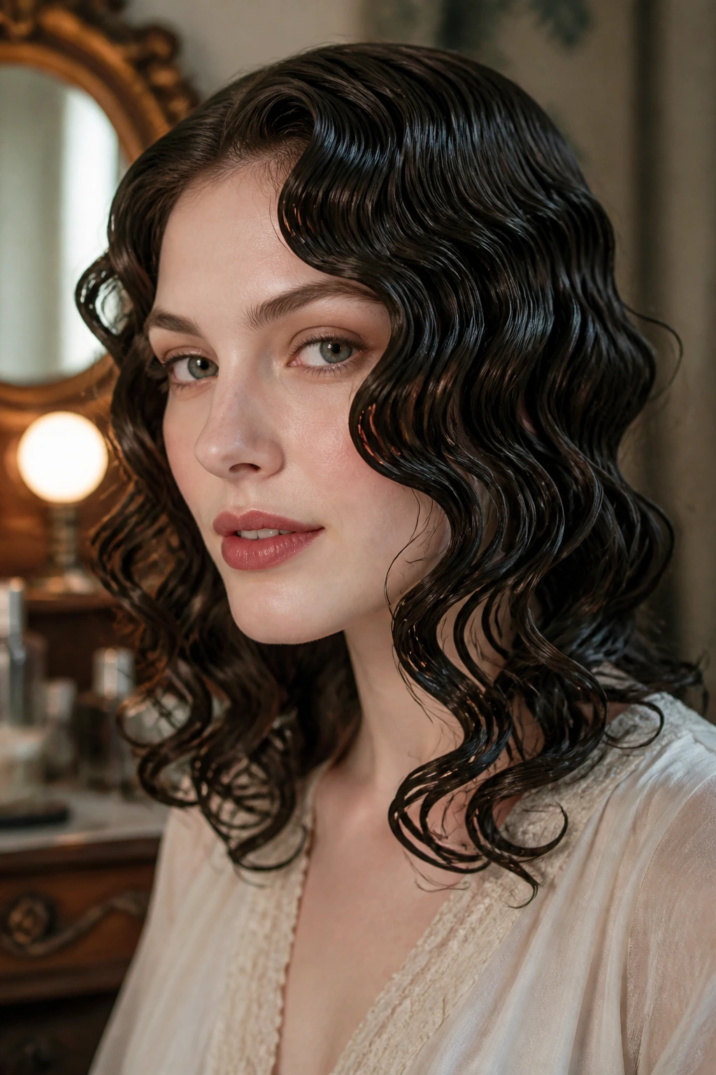 Close-up of a real woman with wet-set S-shaped waves in her hair in a vintage dressing room
