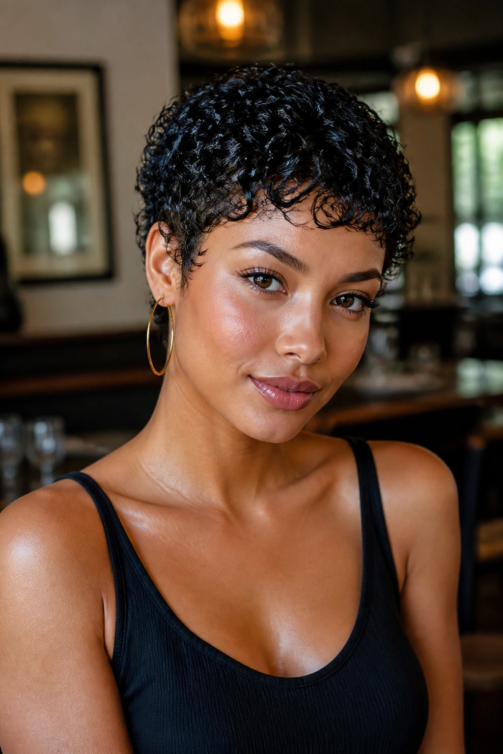 Close-up portrait of a real woman with a wet-textured curly pixie hairstyle in a cafe setting
