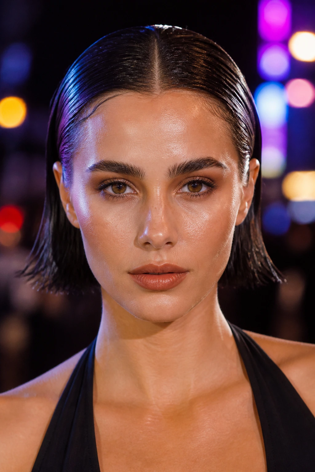 Close-up portrait of a woman with a glossy wet-look bob under neon city lights.