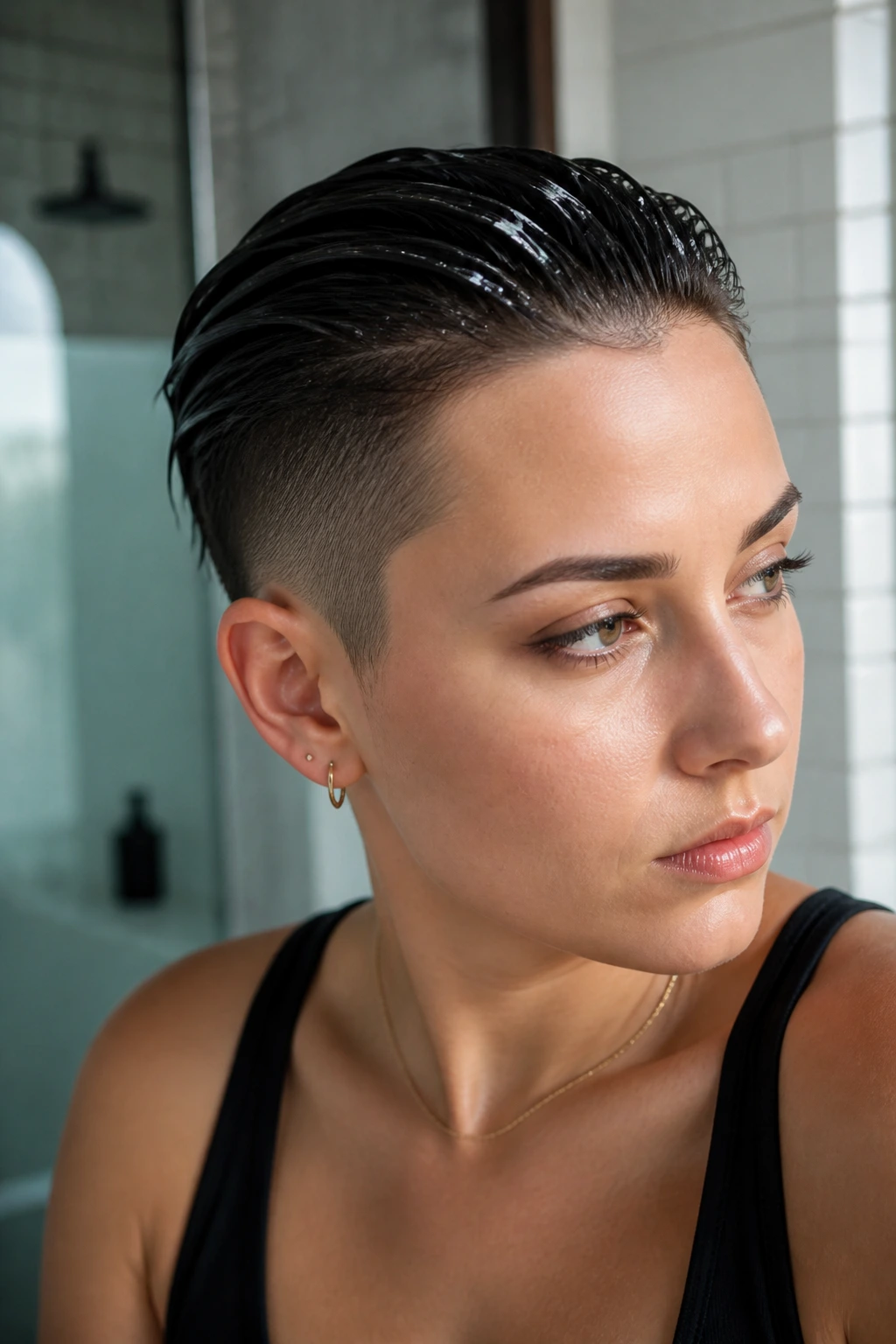 Real person with wet-look undercut slicked back in a bright bathroom