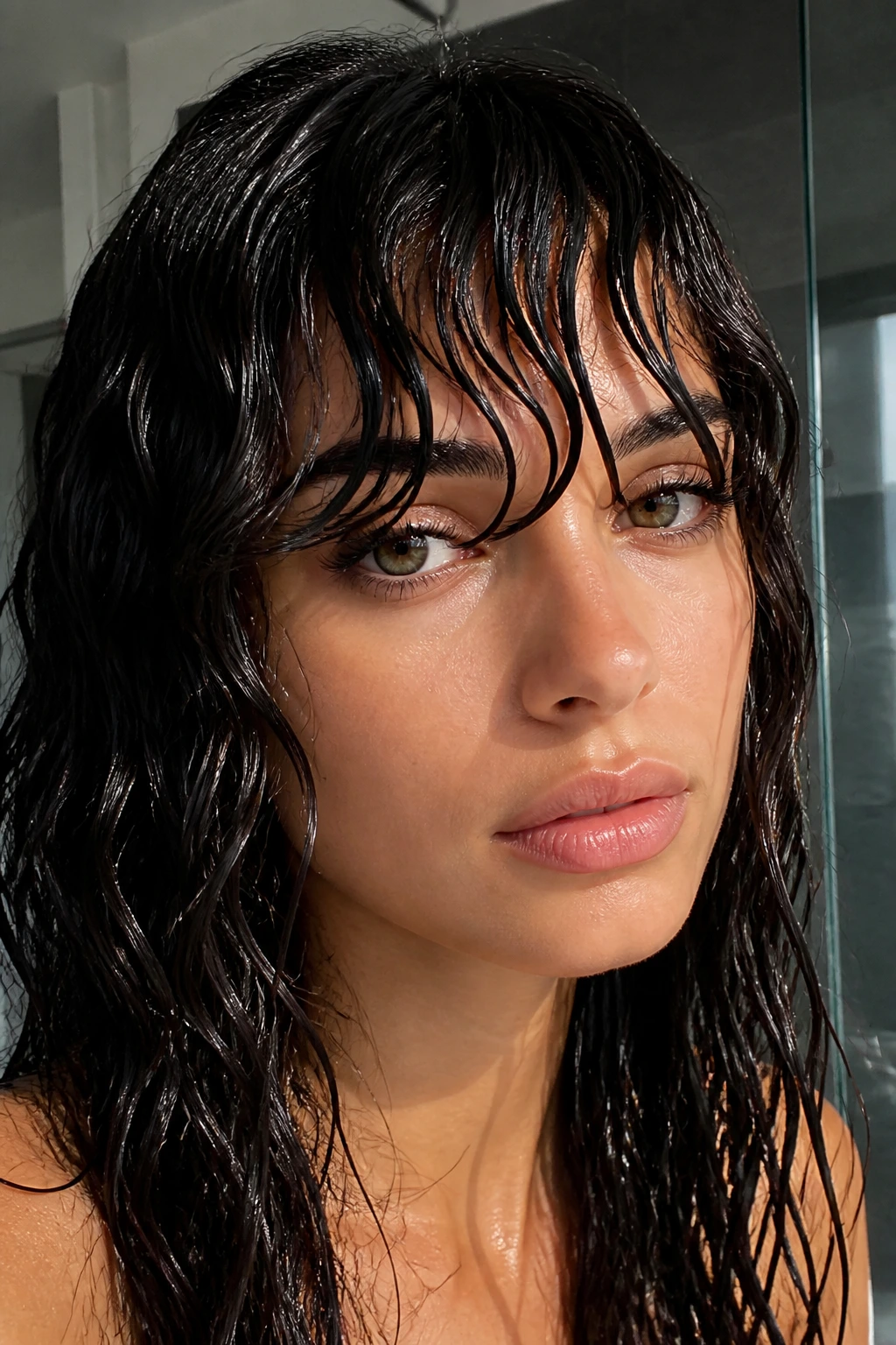 Woman with glossy wet-look waves framing the face.