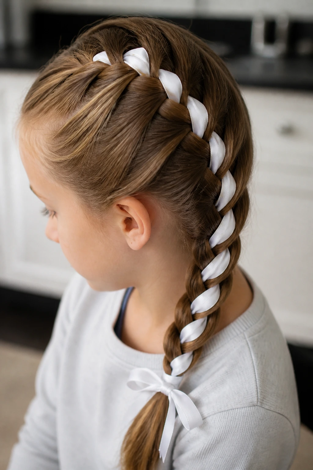 Close-up of a child with a white ribbon braided into a braid