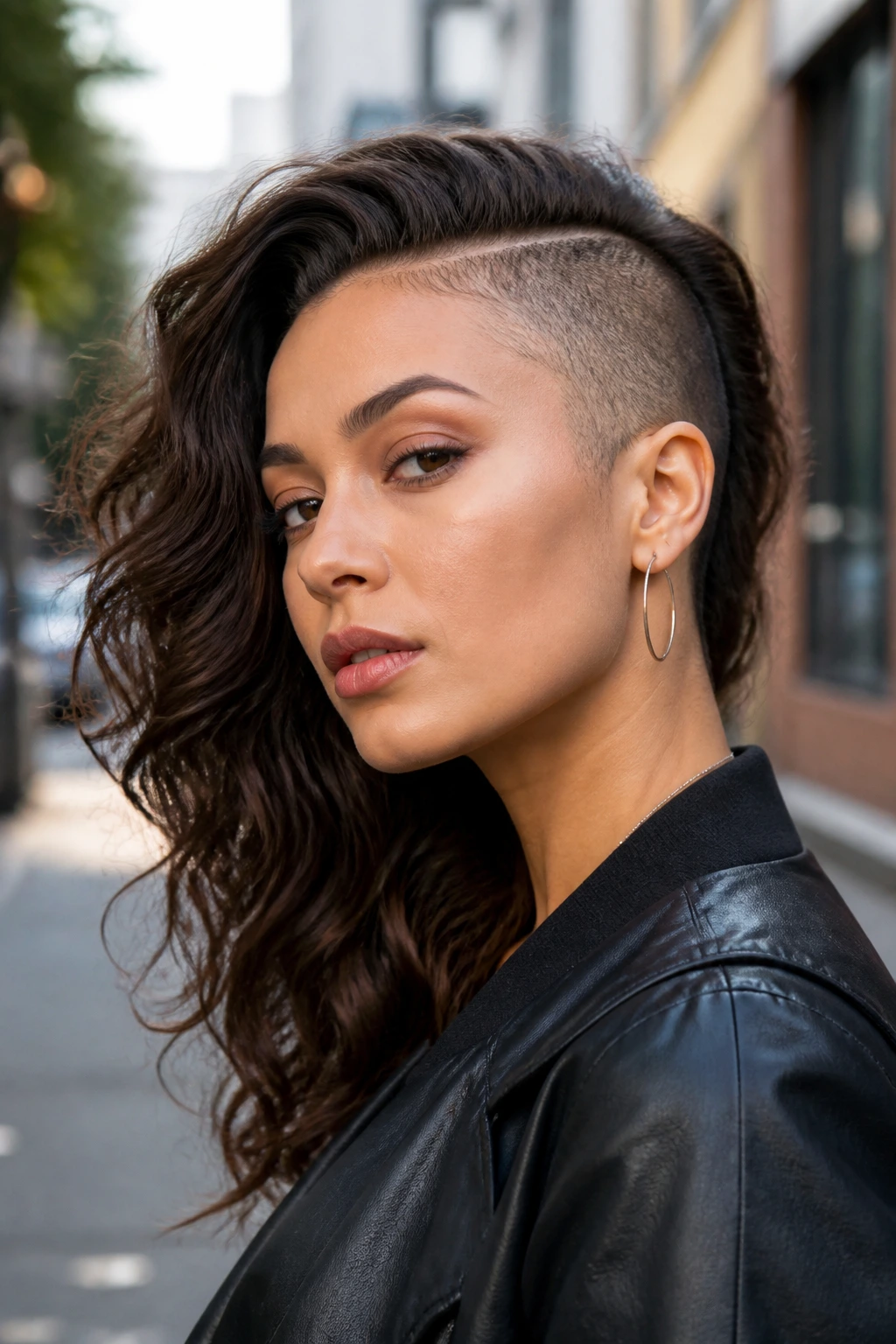 Three-quarter view showing a wide side-panel undercut on a real woman.