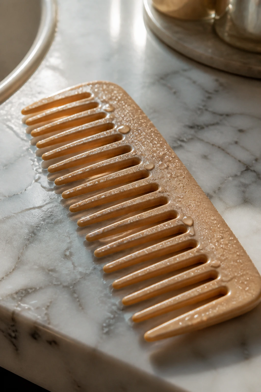 Close-up of a wide-tooth detangling comb on a marble bathroom counter with soft light