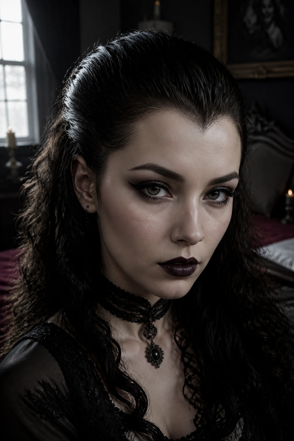 Close-up portrait of a real person with a widow’s peak slicked back in moody gothic light