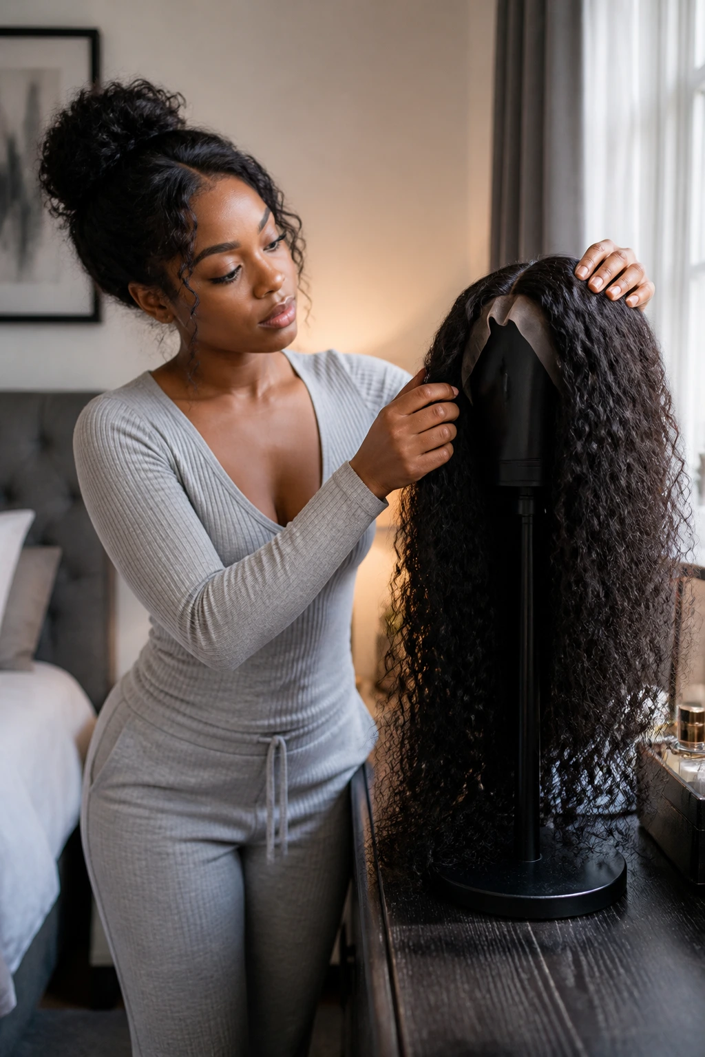 Real woman storing a 28-inch curly wig on a wig stand in a bedroom