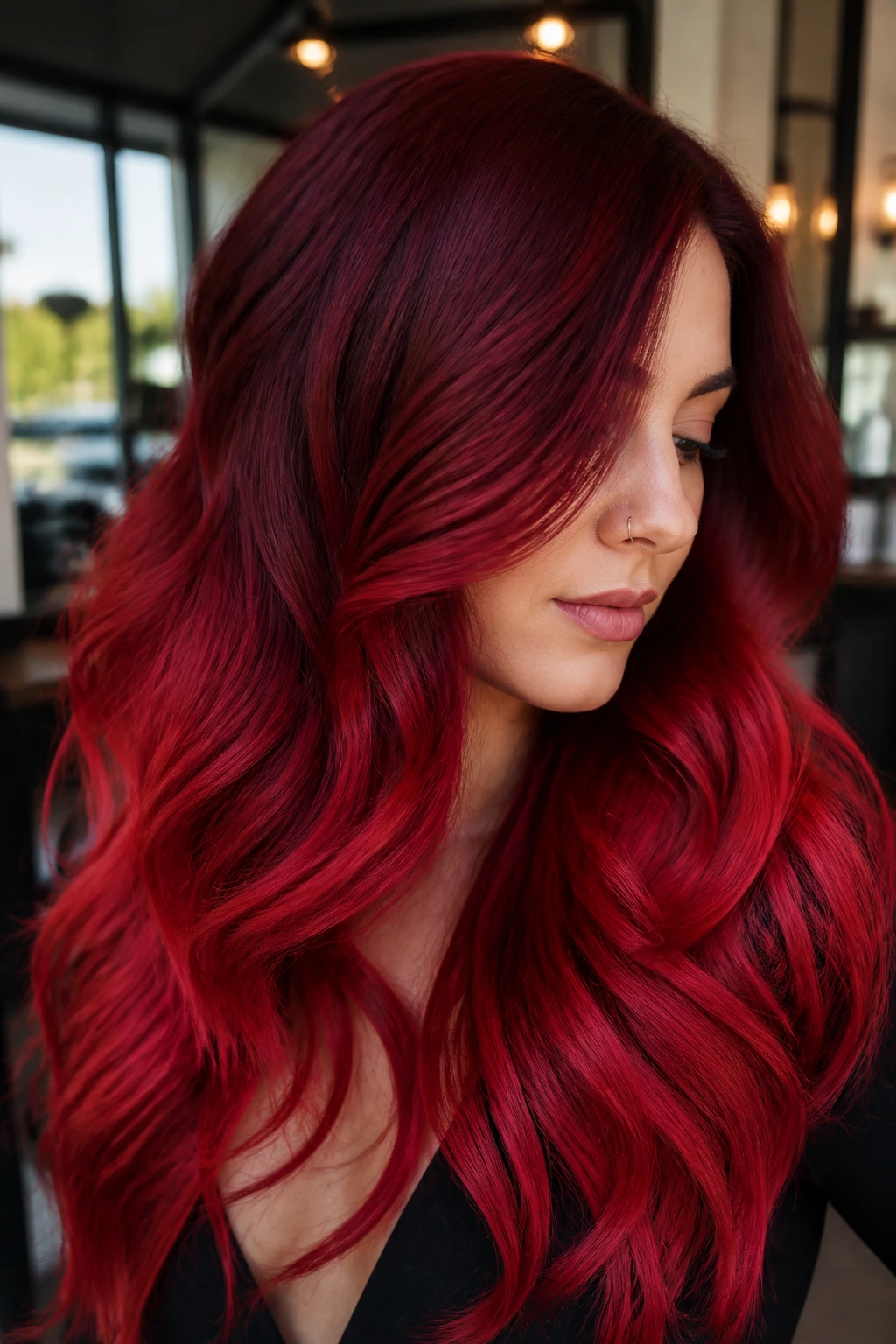 Close-up of hair color melt from wild cherry to crimson burst on a real person in a salon setting.