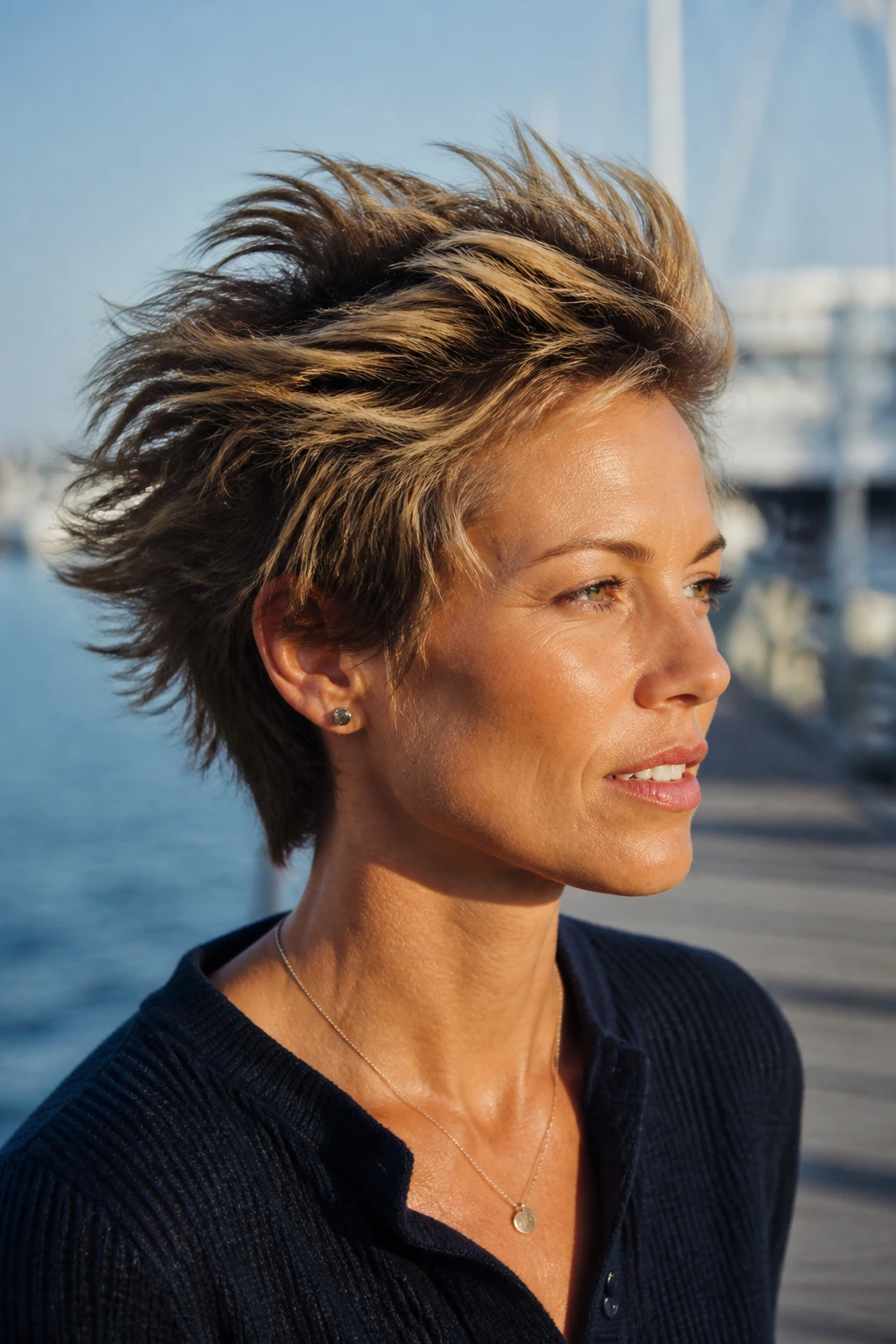 Close-up of windswept spiky layers hairstyle on a real person in harbor setting