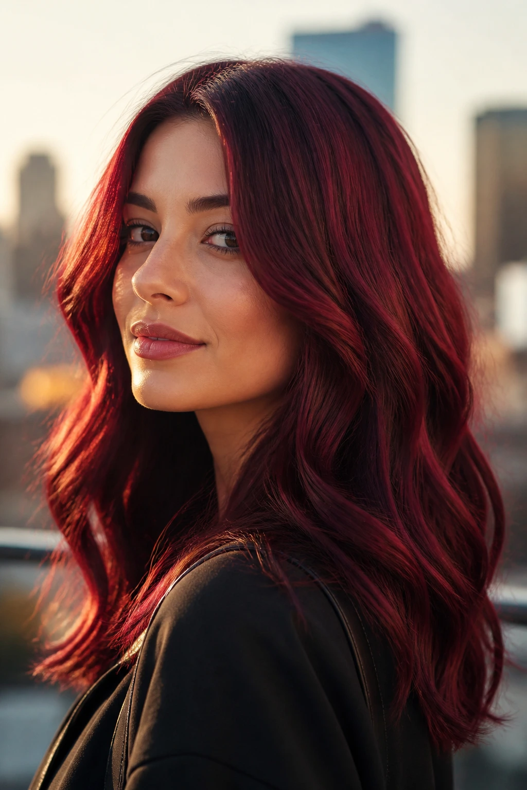 Portrait of a person with wine hair outdoors at golden hour.
