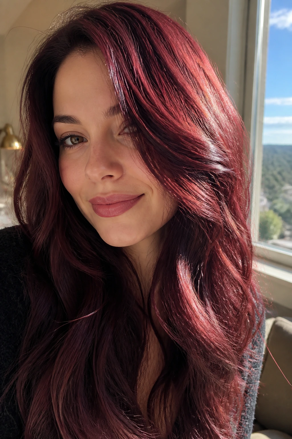 Wine hair illuminated by natural daylight casting vibrant highlights