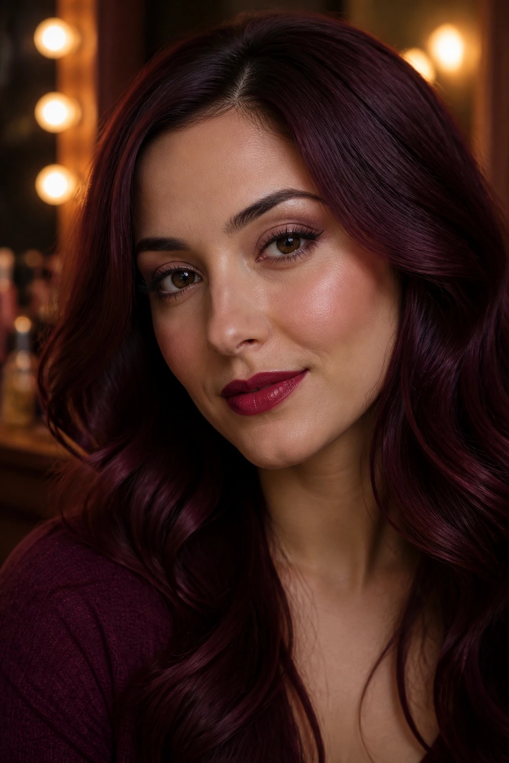 Portrait of a person with wine hair wearing berry lipstick