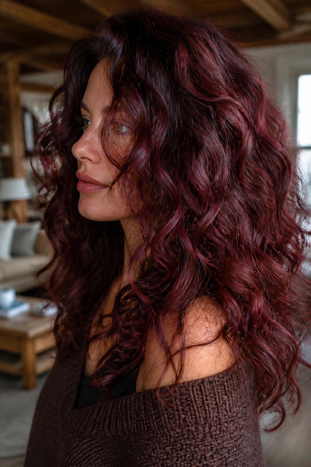 Portrait of a person with wine-colored curls showing texture depth.
