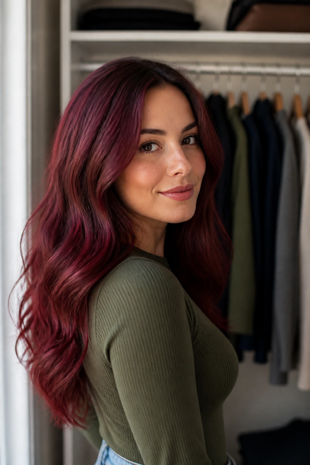 Close-up portrait of a woman with wine hair in a walk-in closet.