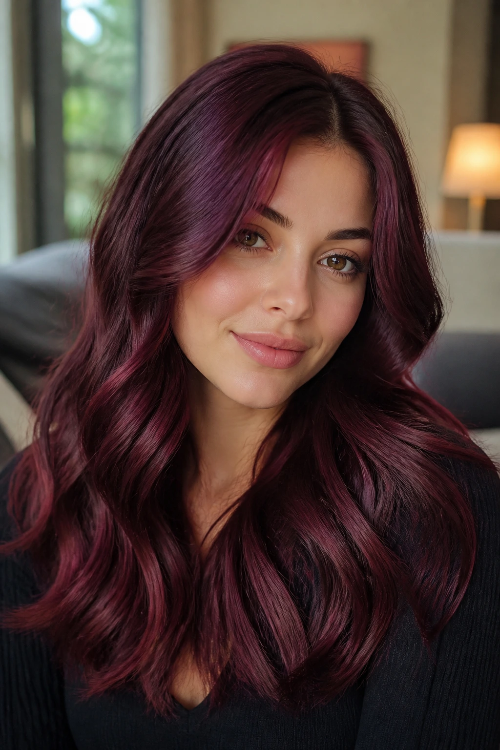Portrait of a real woman with loose waves in wine-toned hair