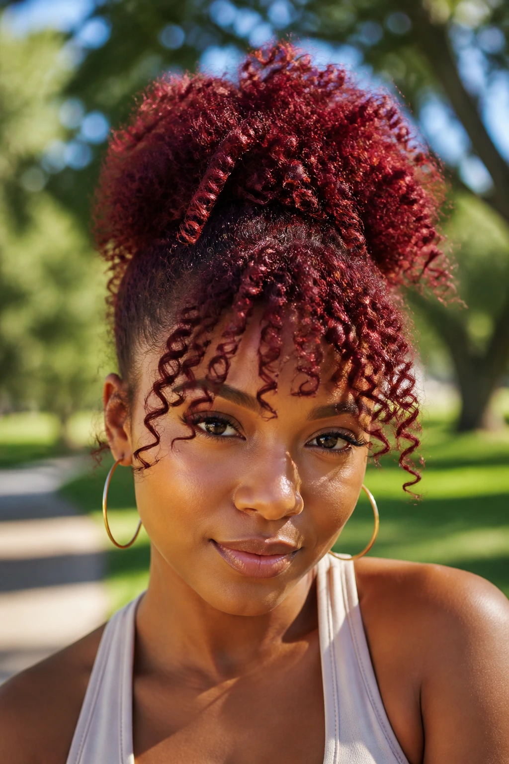 Woman with wine red pineapple updo and curling tendrils fringe outdoors.