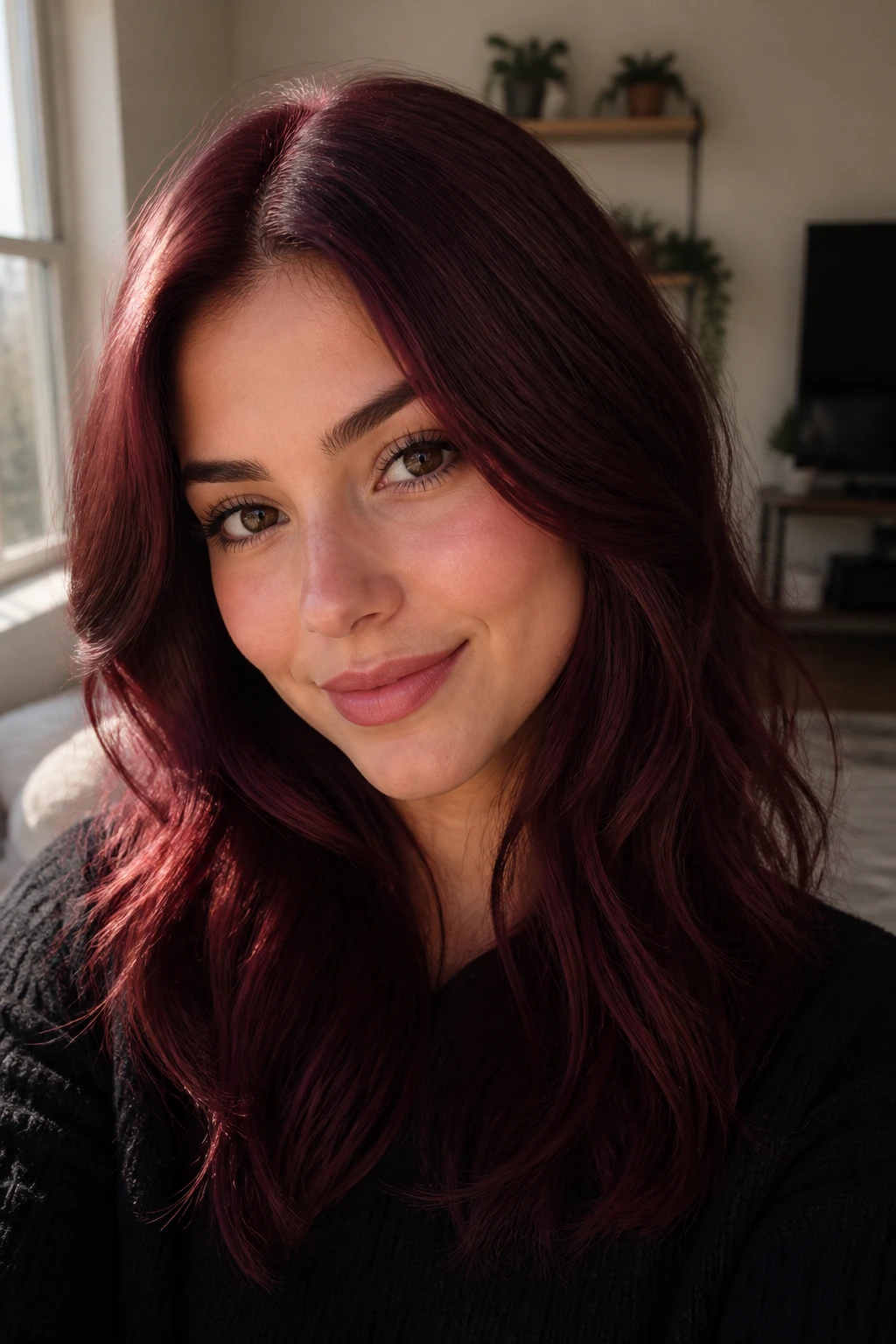 Close-up portrait of a person with deep burgundy wine shade hair in warm window light