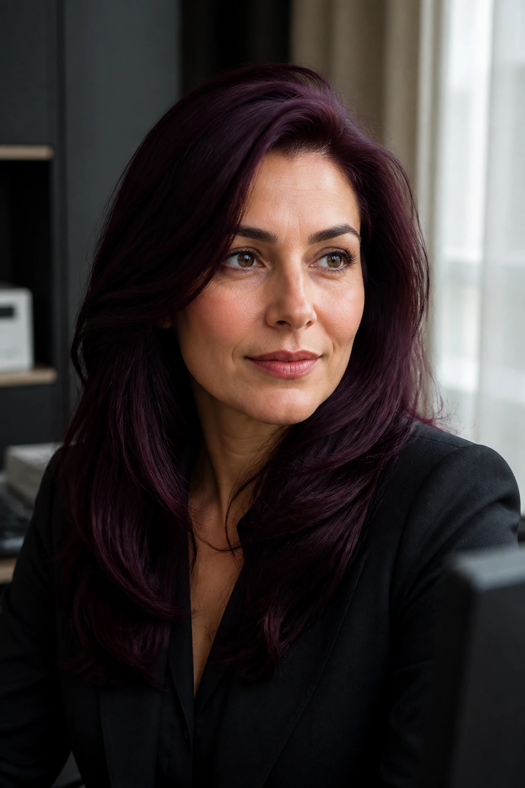 Close-up of wine-stained midnight tint on a real woman's hair in an office