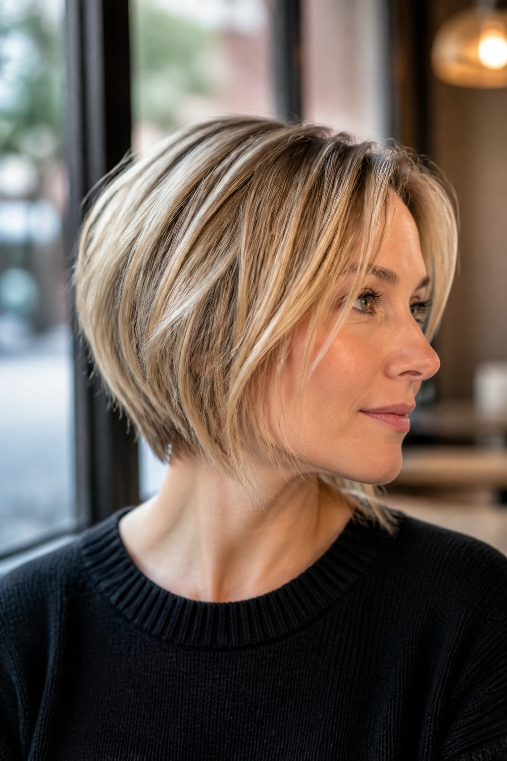 Close-up of a real woman with a wispy A-line bob showing shorter back and longer front.
