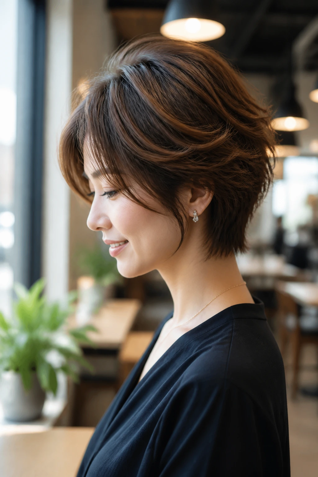 Portrait of a real person with wispy-ended air stack hairstyle in an office setting