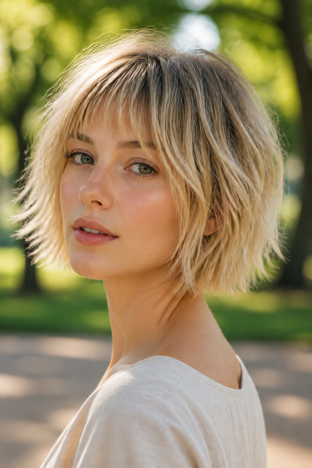 Close-up portrait of a real woman with a wispy airy bob in wind-swept light.