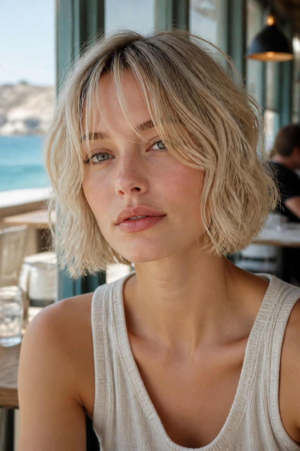 Real woman with wispy airy bob and thin curtain bangs in bright light