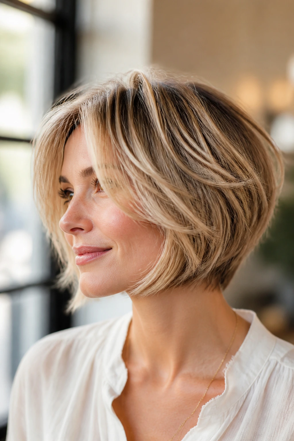 Close-up portrait of a real woman with The Wispy, Airy Stacked Bob