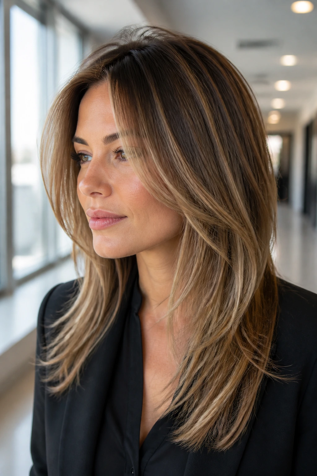 Close-up portrait of a real woman with wispy soft-angled cut and highlights in an office hallway
