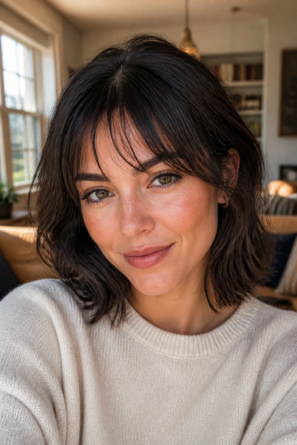 Close-up of a real woman with wispy arched bangs and piecey texture in warm daylight