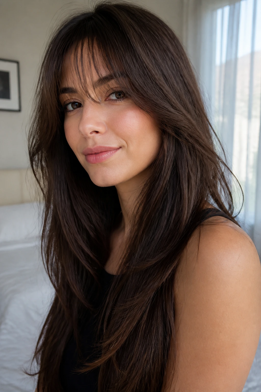 Real woman with wispy arched fringe and seamless long layers.