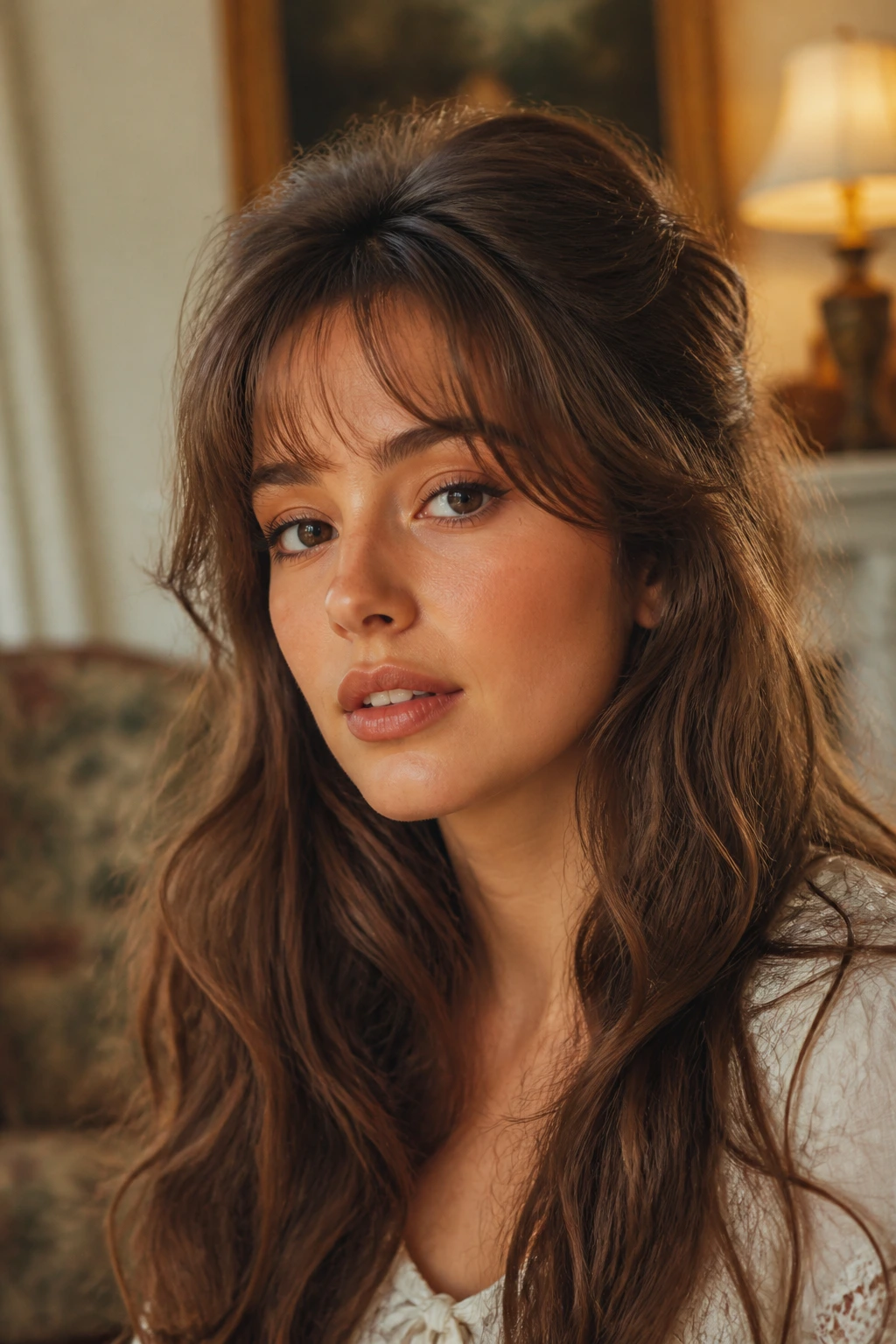Real person with wispy arching bangs and voluminous crown waves in a warm vintage setting.