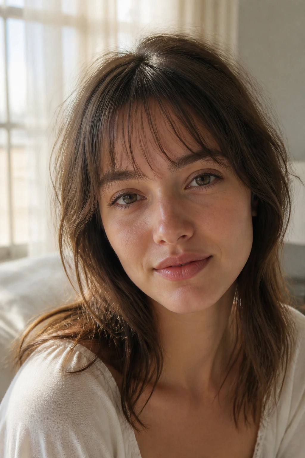 Close-up of a person wearing wispy baby bangs in a sunlit bedroom