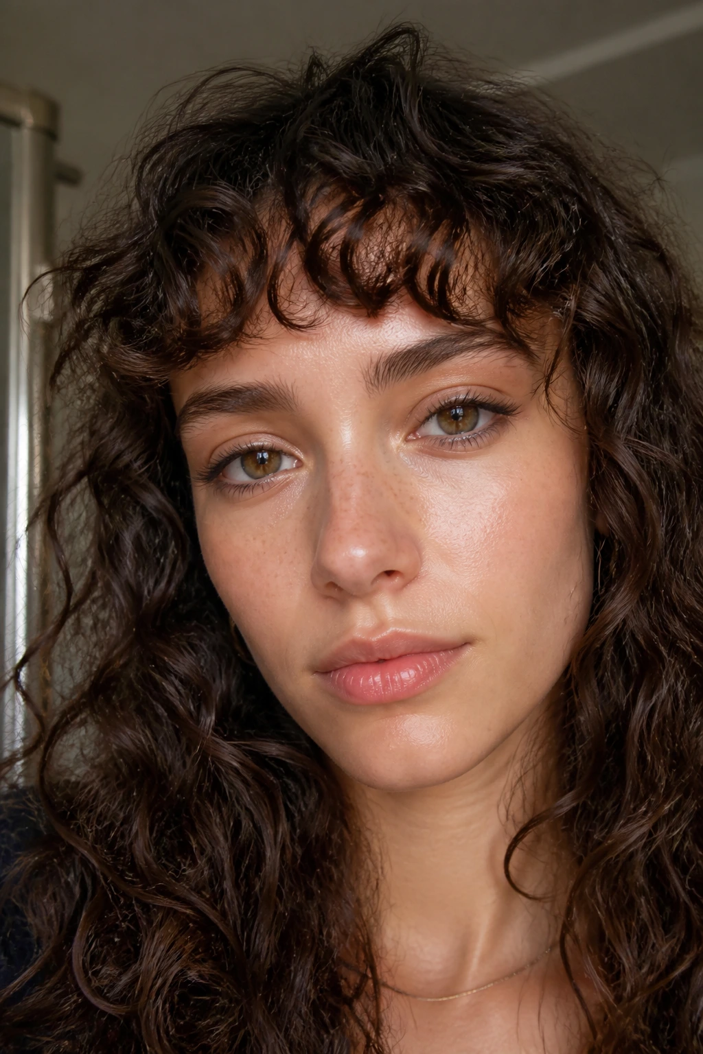 Close-up of a real person wearing wispy baby curly bangs.