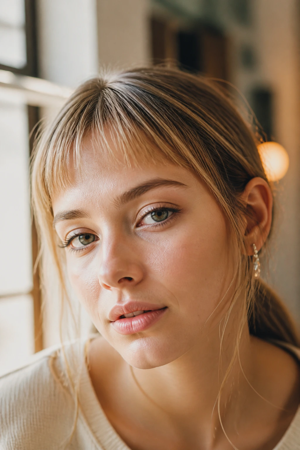 Close-up portrait of a woman with wispy baby fringe