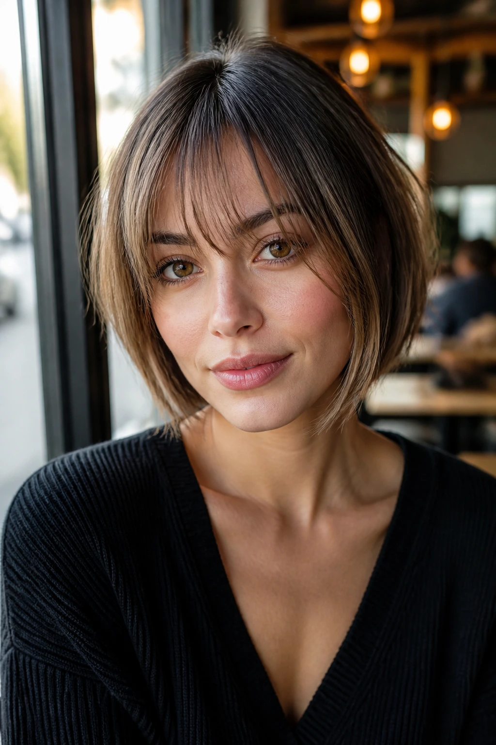 Portrait of a woman with wispy curtain bangs and angled bob.