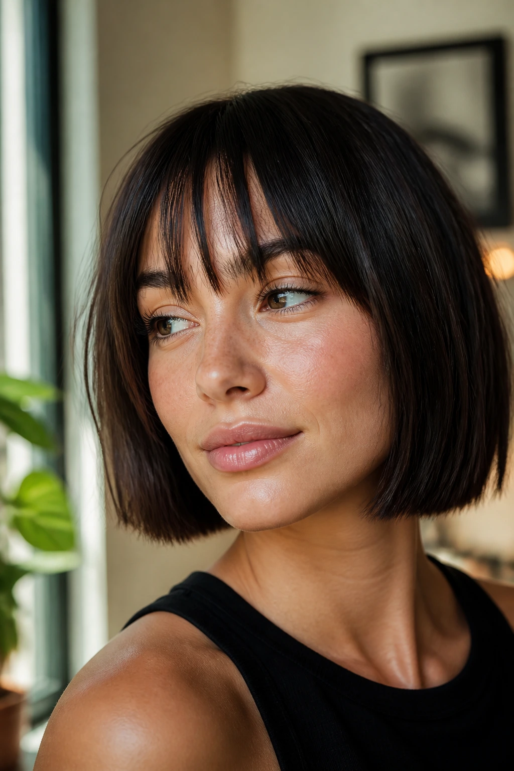 Portrait of a woman with wispy bangs and blunt bob in a cozy room