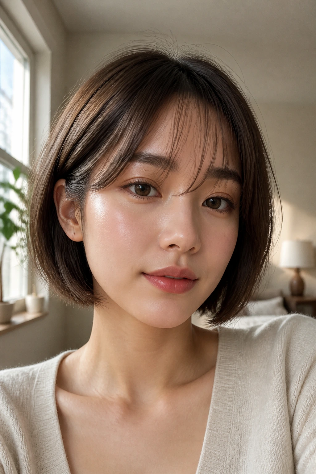 Close-up of a real woman with wispy transparent bangs and a bob in window light