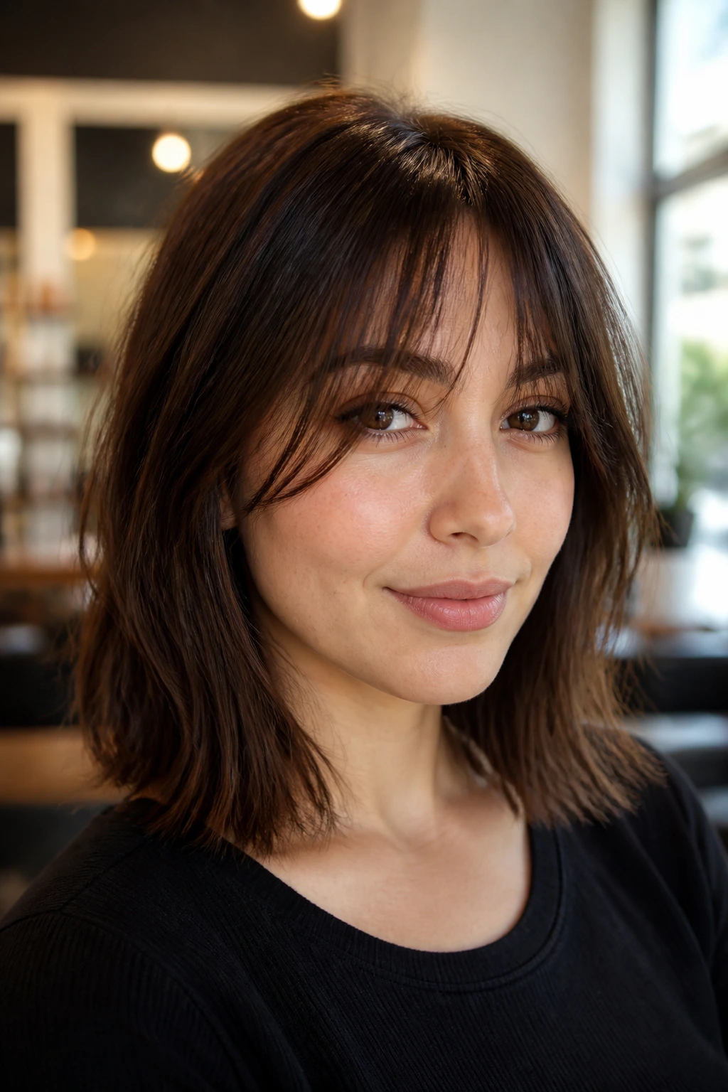 Close-up portrait of a brunette with wispy bottleneck bangs on a chocolate brown lob