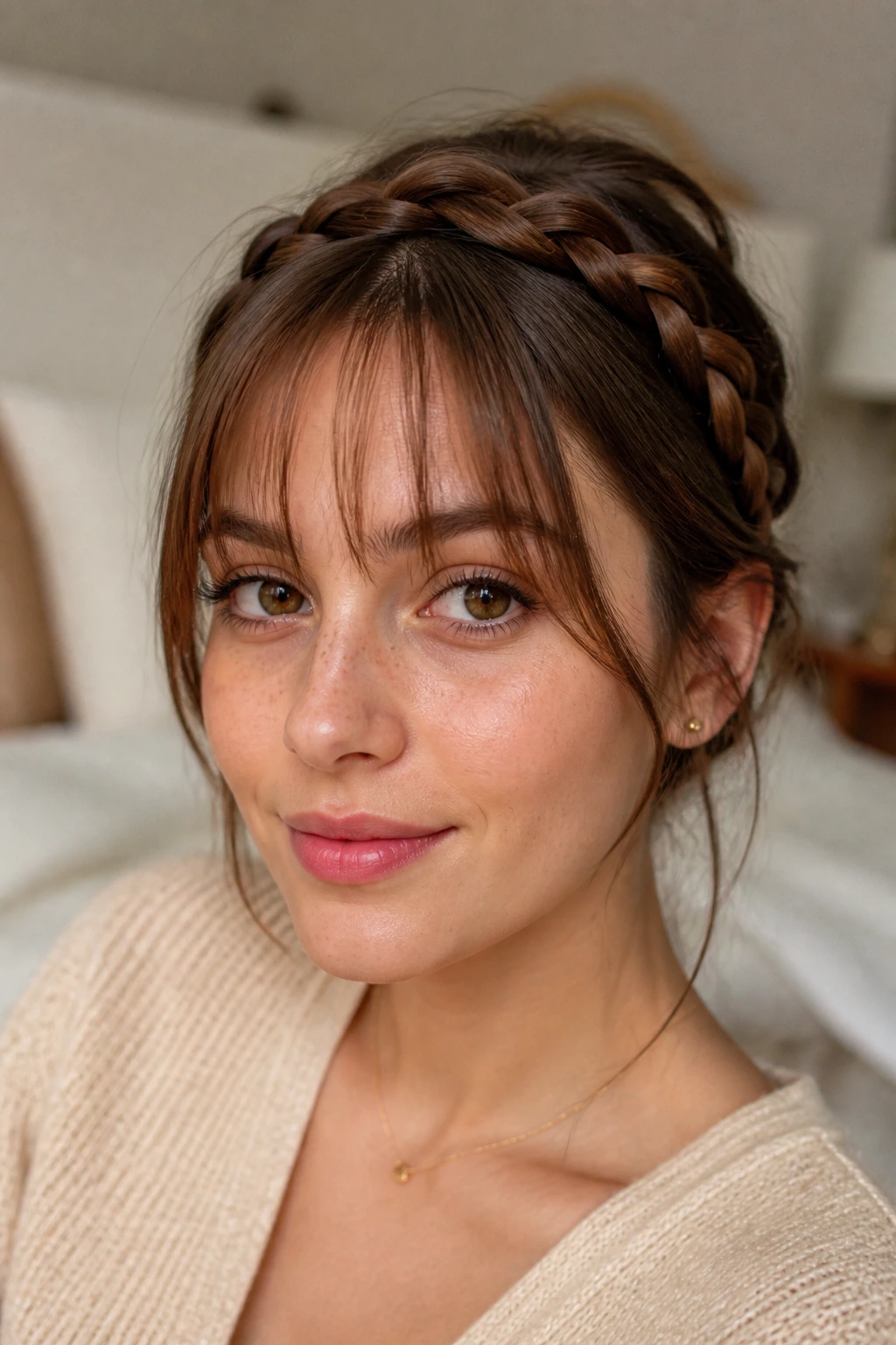 Close-up of a real person with wispy bangs and a braided headband behind the bangs