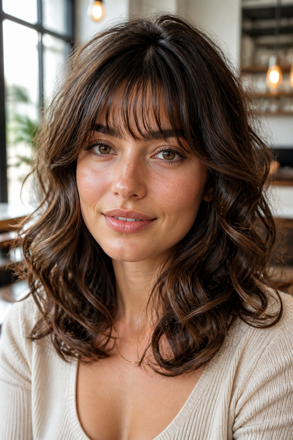 Real woman with wispy brow-skimming bangs and cascading shoulder curls in a bright room