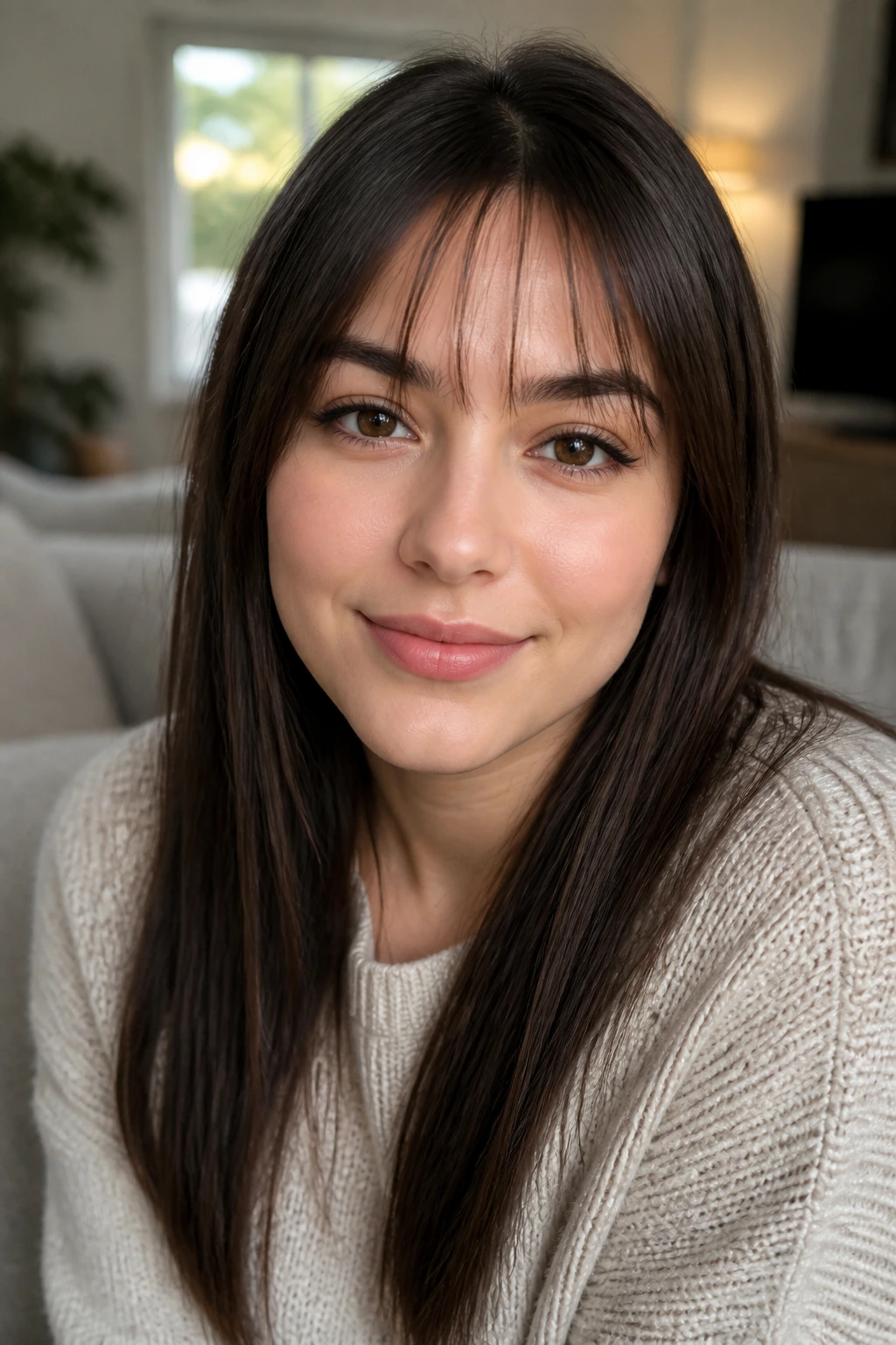 Real woman with see-through wispy bangs on straight dark chocolate hair