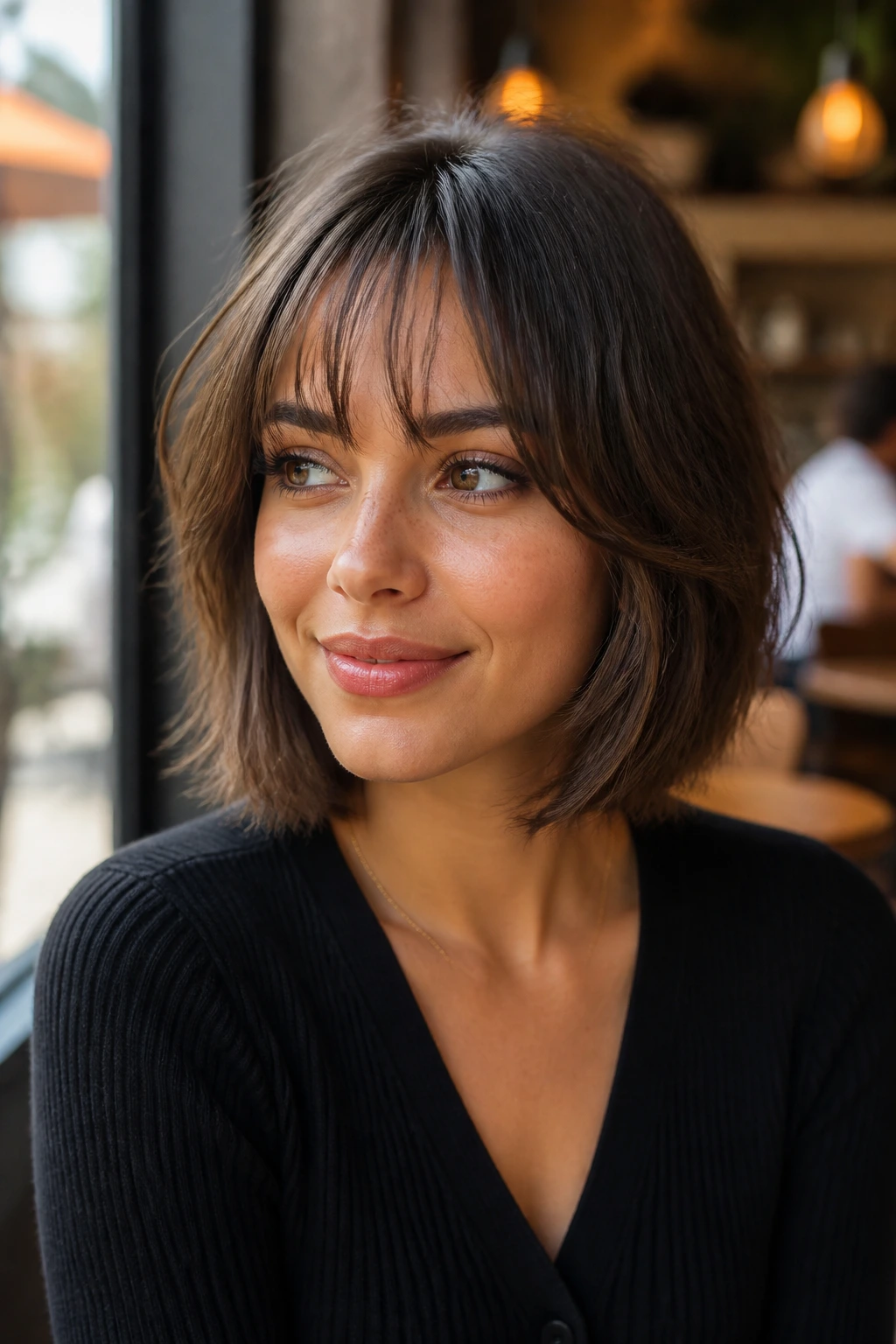 Close-up portrait of a woman with wispy bangs feathered bob
