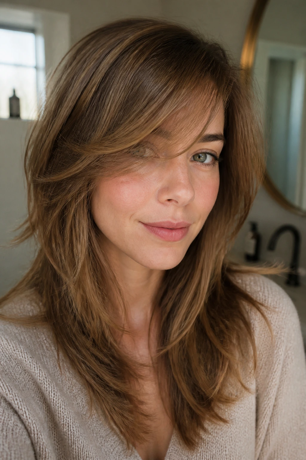 Close-up of a real person with wispy layered side bangs for fine hair in natural light