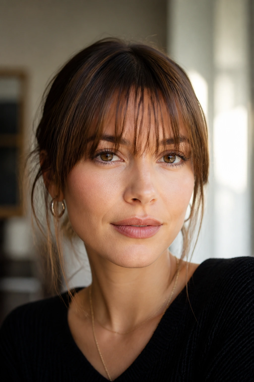 Close-up of a real woman with wispy French girl bangs