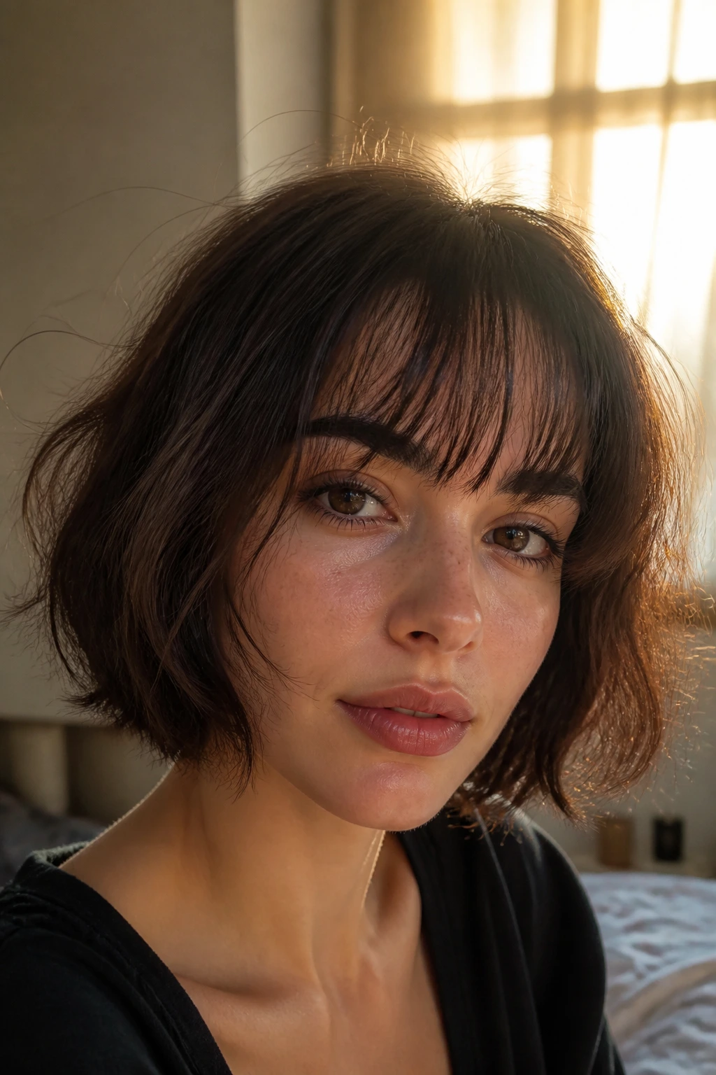 Close-up of soft wispy bangs on a real person in a sunlit room