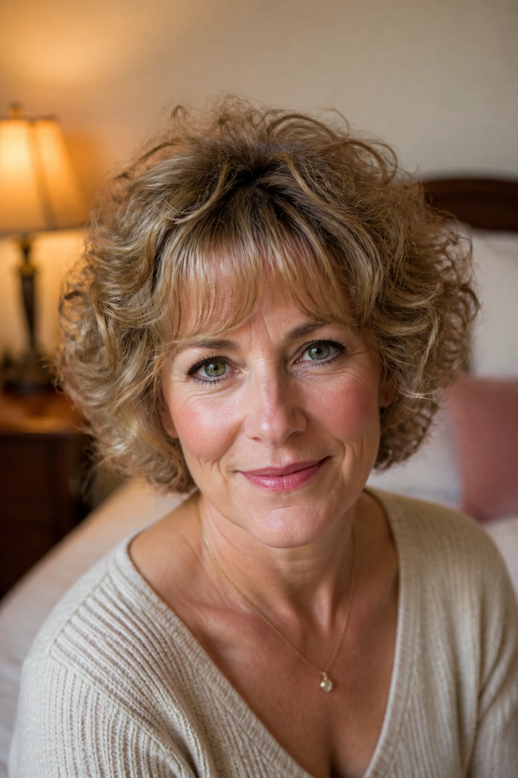 Close-up of a real person with wispy-banged retro halo hairstyle