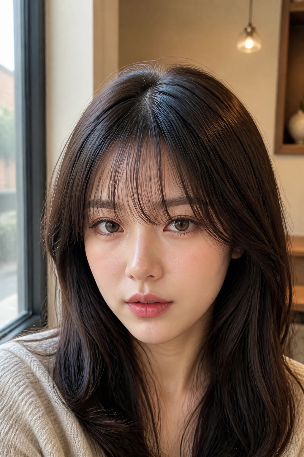 Close-up of real person with full wispy bangs and inner thinning under natural light