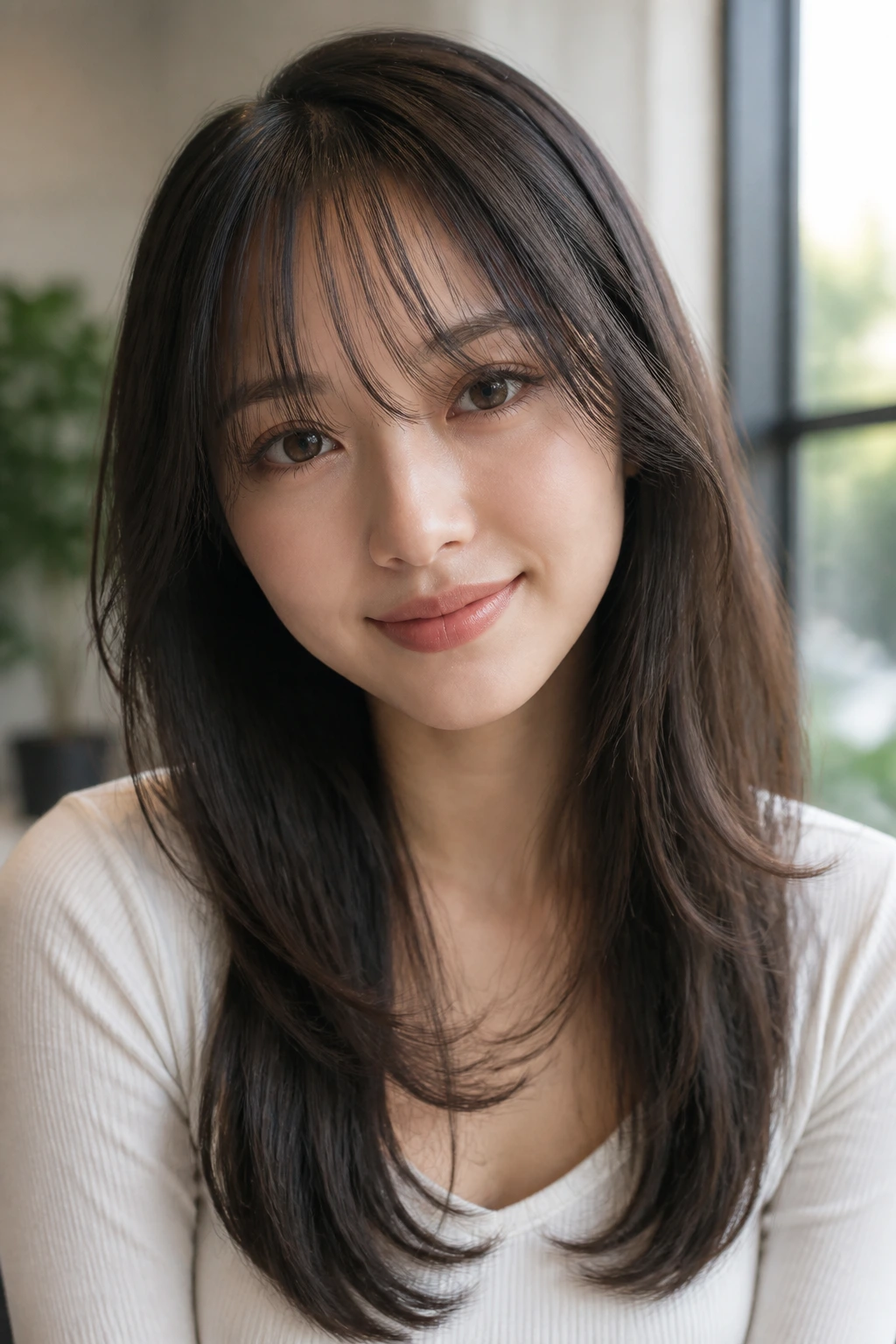 Close-up of a real woman with wispy see-through bangs and long interior layers